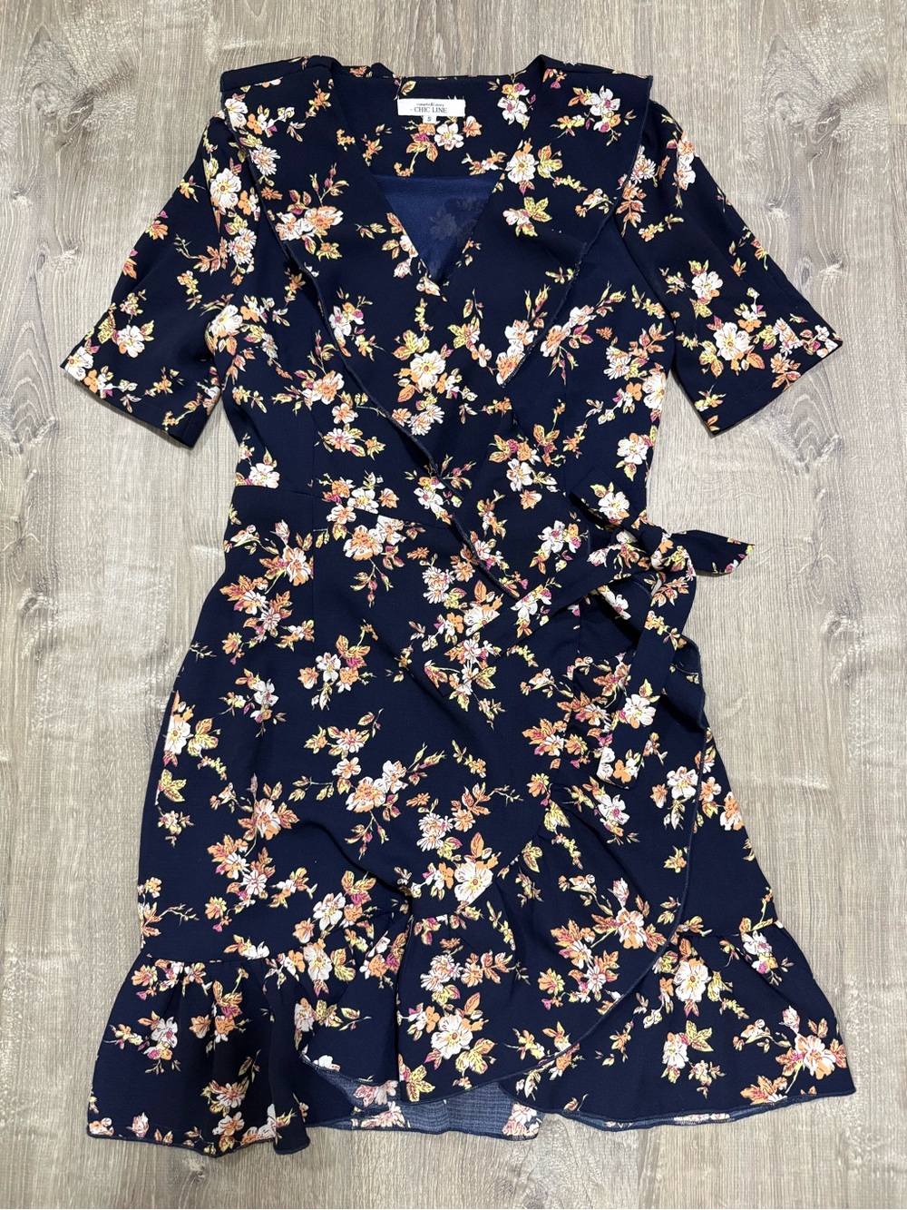 CHIC LINE Navy Floral Ruffle Wrap Short Sleeve V-Neck Short Dress S Women